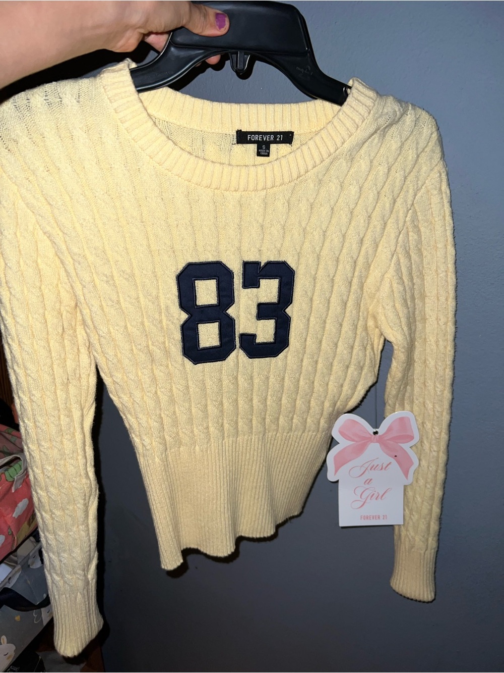 Forever 21 Pale Yellow Knit Crewneck Sweater with Navy 83 Patch